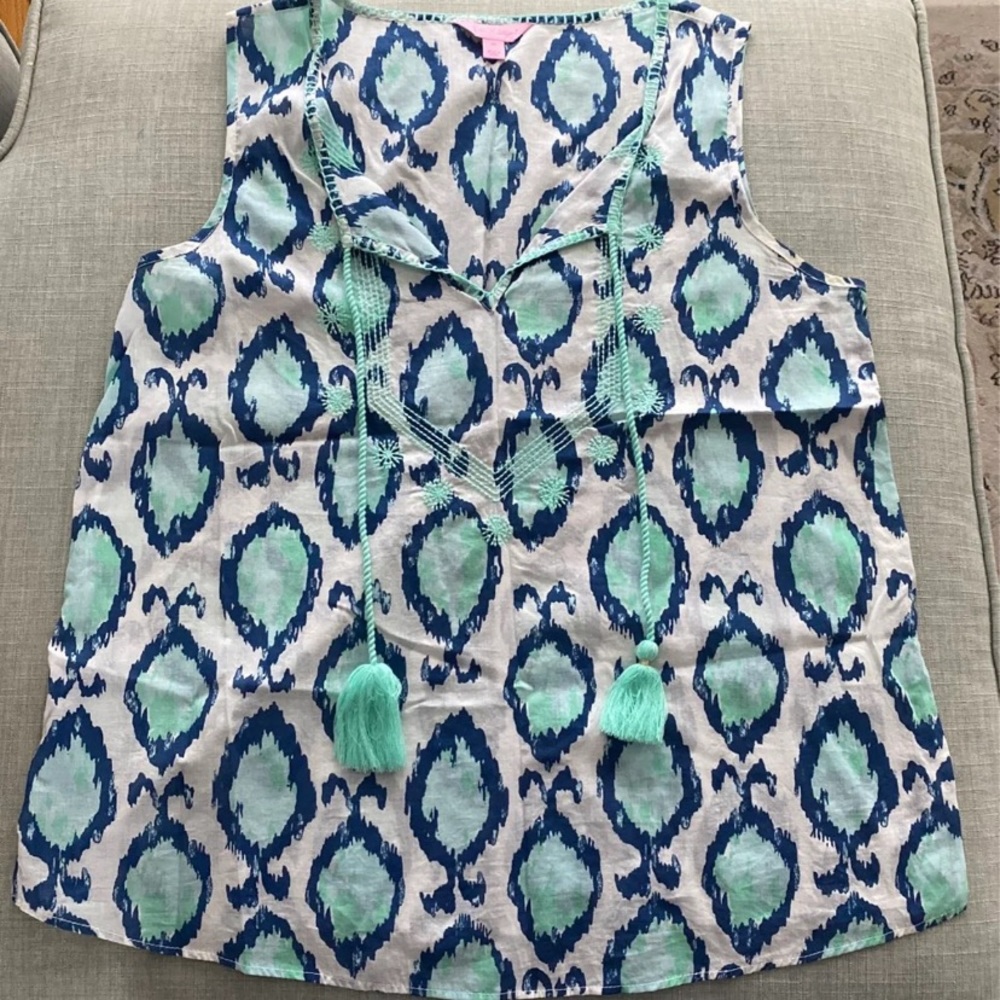 Lilly Pulitzer sleeveless turquoise, embroidered blouse
